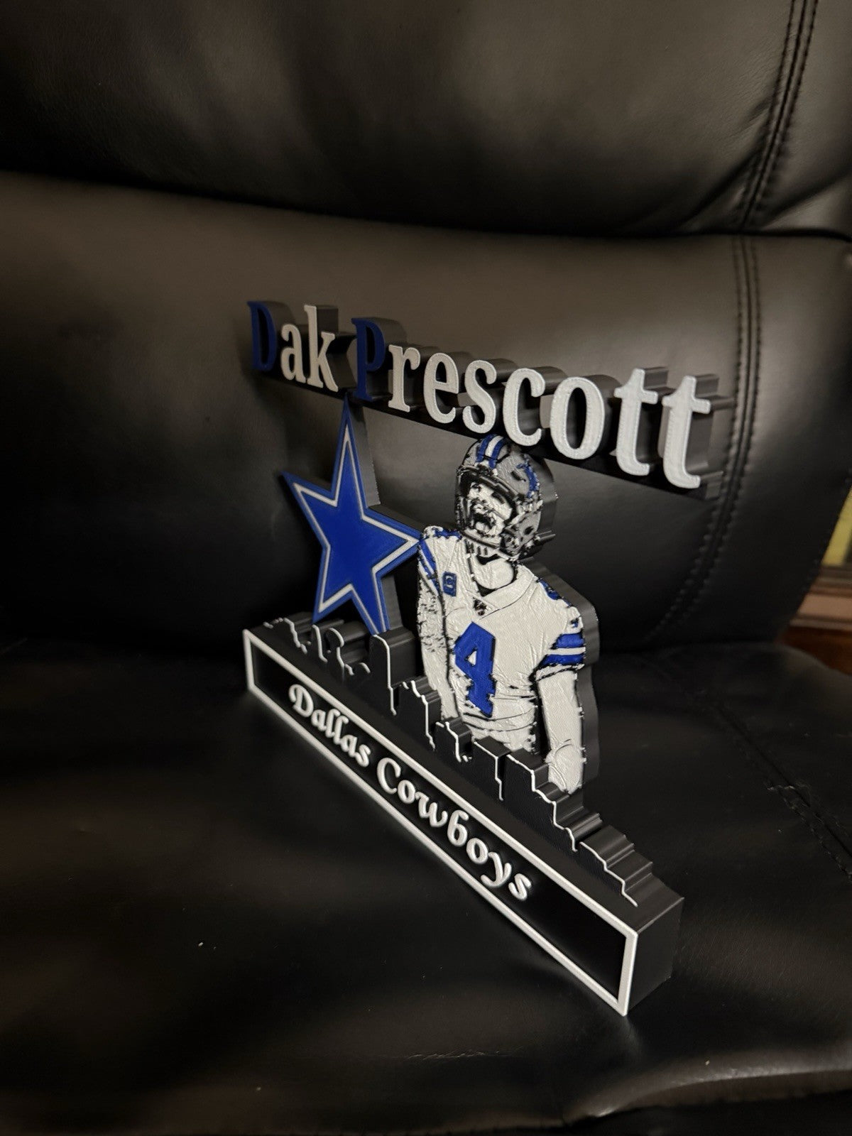 Dallas Cowboys Dak Prescott Desktop Display 3D Printed with Dallas Skyline