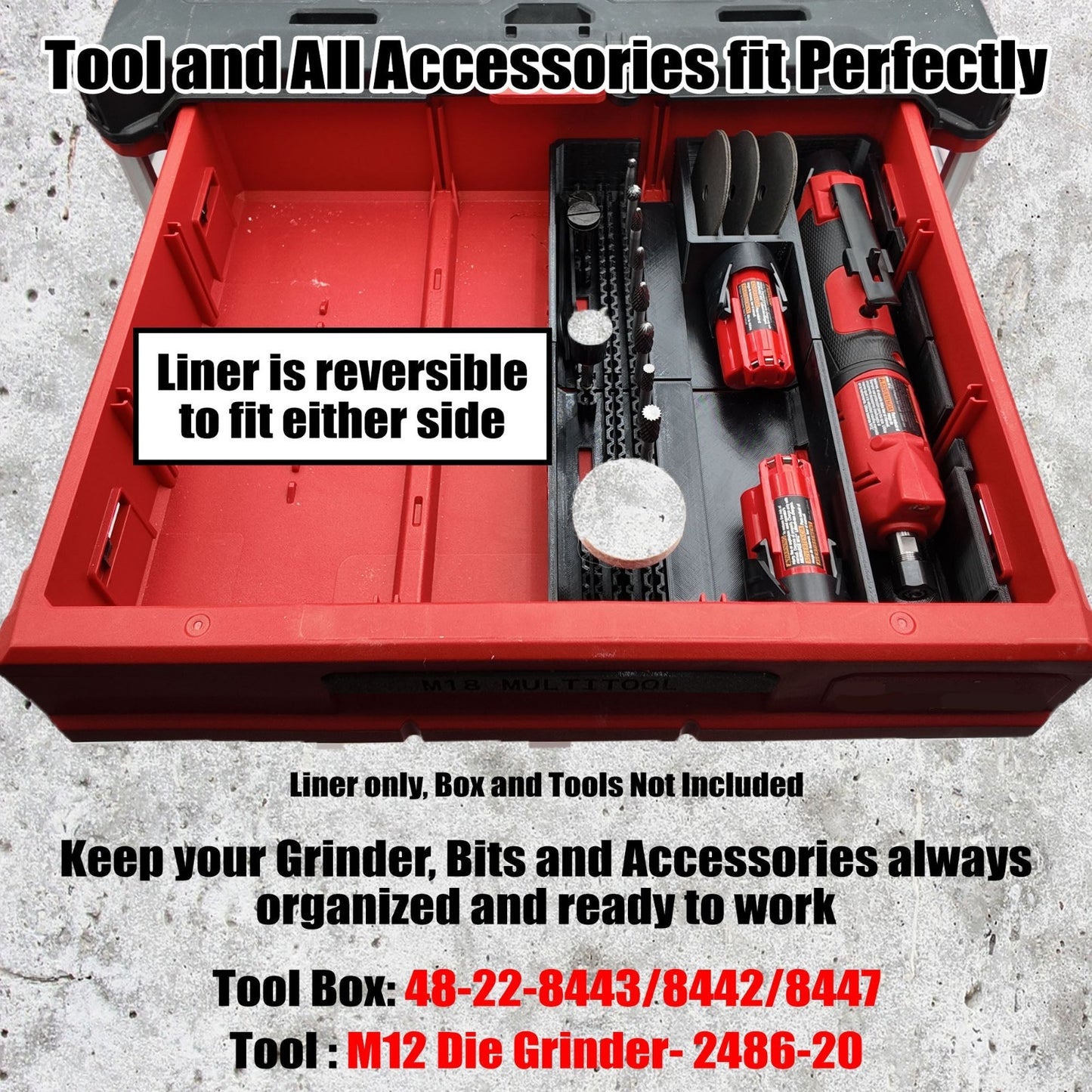 M12 2486-20 Die Grinder Insert Fits Milwaukee PACKOUT Drawer Tool Box