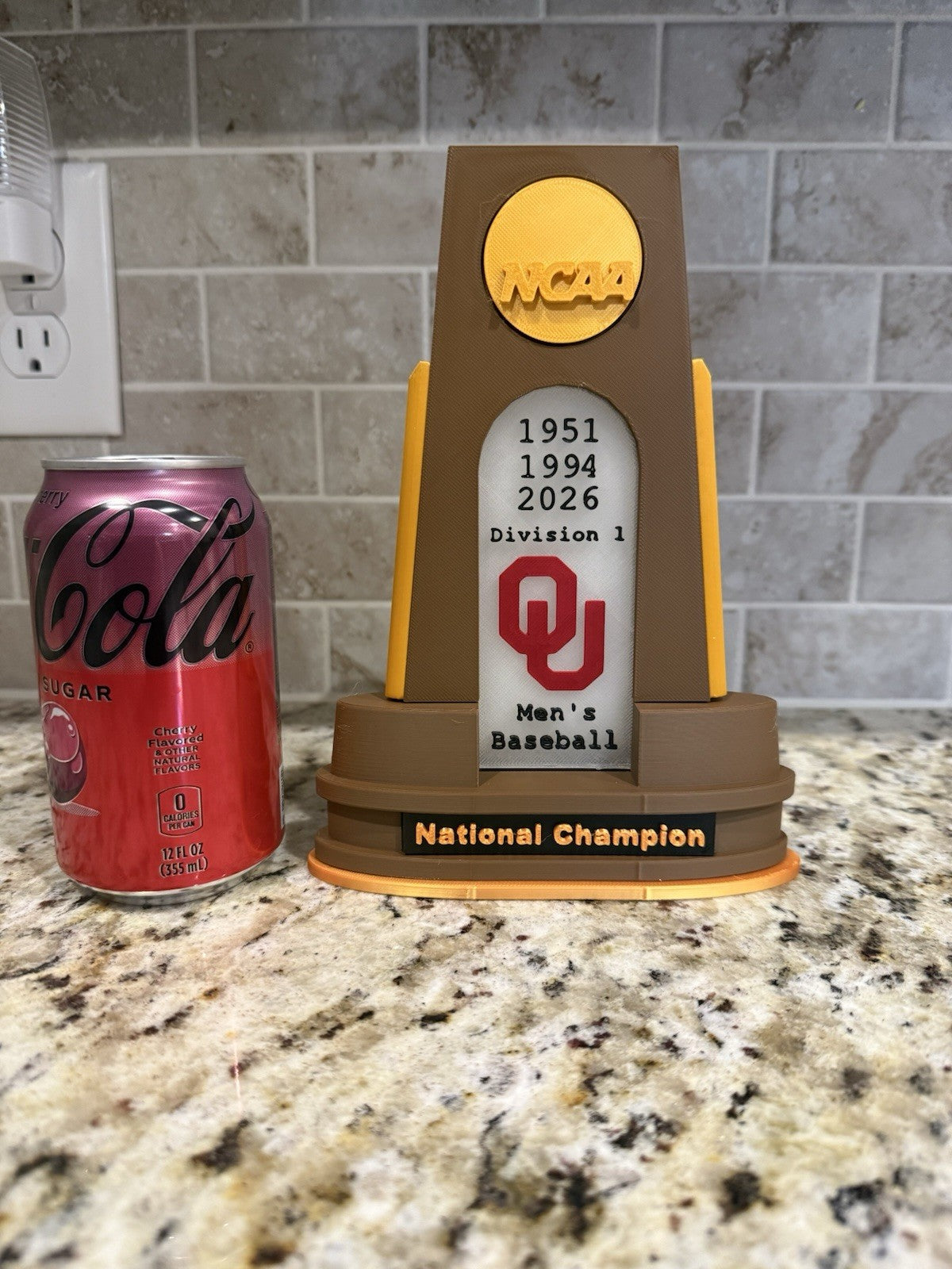 Oklahoma Sooners baseball 1951-1994-2026 national champion trophy 3d printed pla