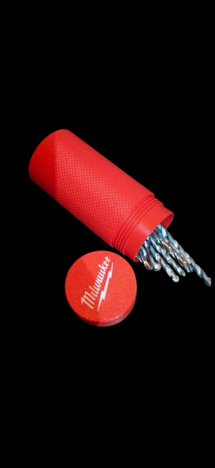 Milwaukee Drill Bit Organizer Box - Red Cylindrical Case with Snap Lid & Grip