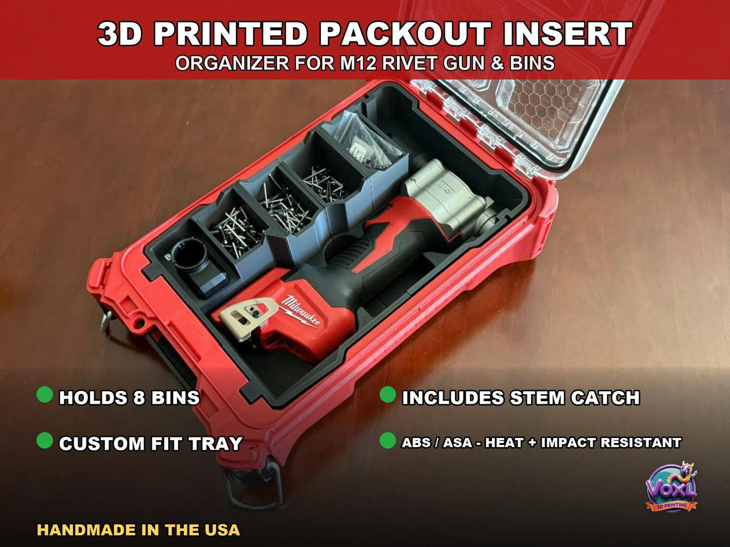 3D Printed Packout Insert For M12 Rivet Gun With Stem Catch And 8 Rivet Bins