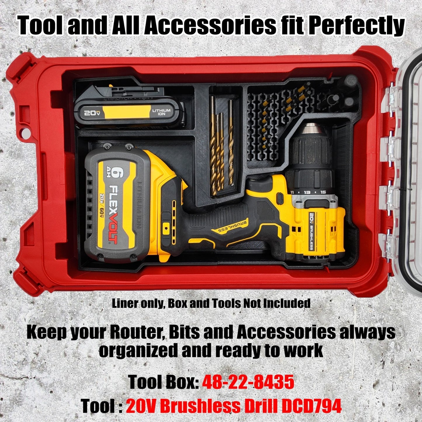 20V Brushless Drill (DCD794) Organizer for Milwaukee Compact Packout (Insert Onl