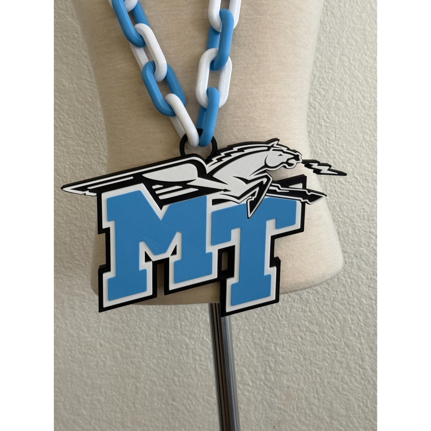 Middle Tennessee Blue Raiders Logo Oversized Necklace, Pendant Chain“True Blue"
