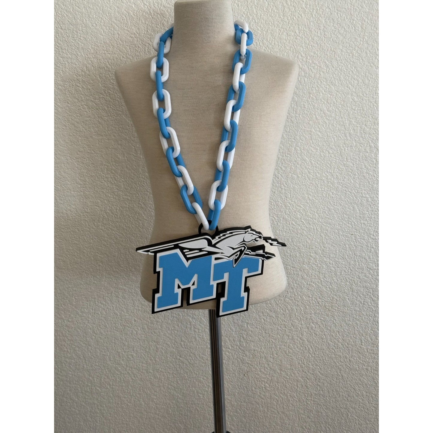 Middle Tennessee Blue Raiders Logo Oversized Necklace, Pendant Chain“True Blue"