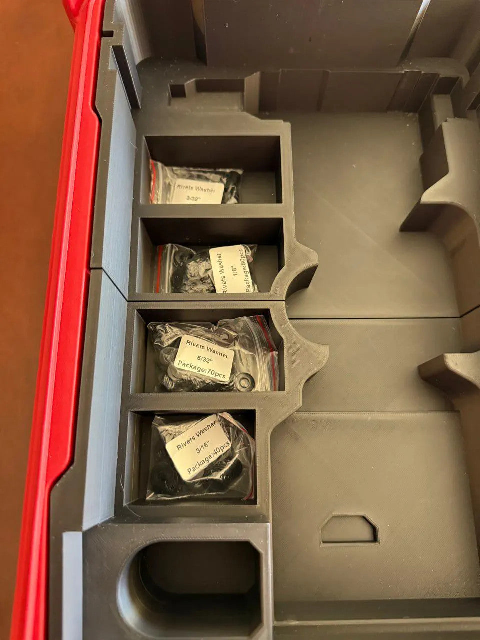 3D Printed Packout Insert For M12 Rivet Gun With Stem Catch And 8 Rivet Bins
