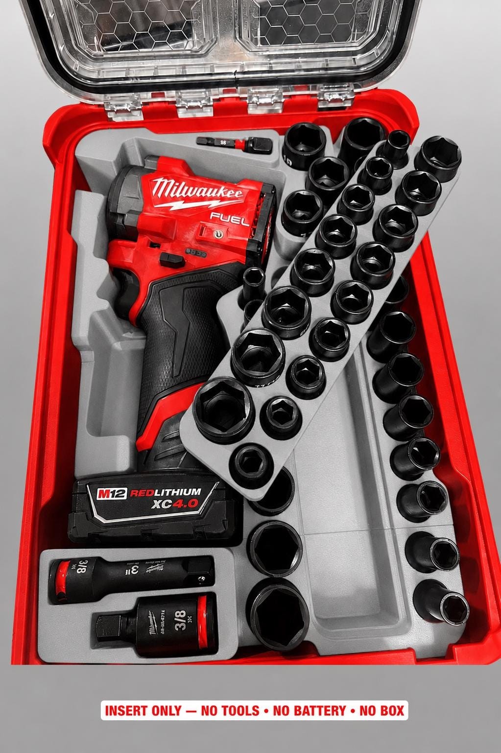 Milwaukee Packout Insert for M12 Stubby 3/8 Impact Wrench+43pc Socket|3D Printed
