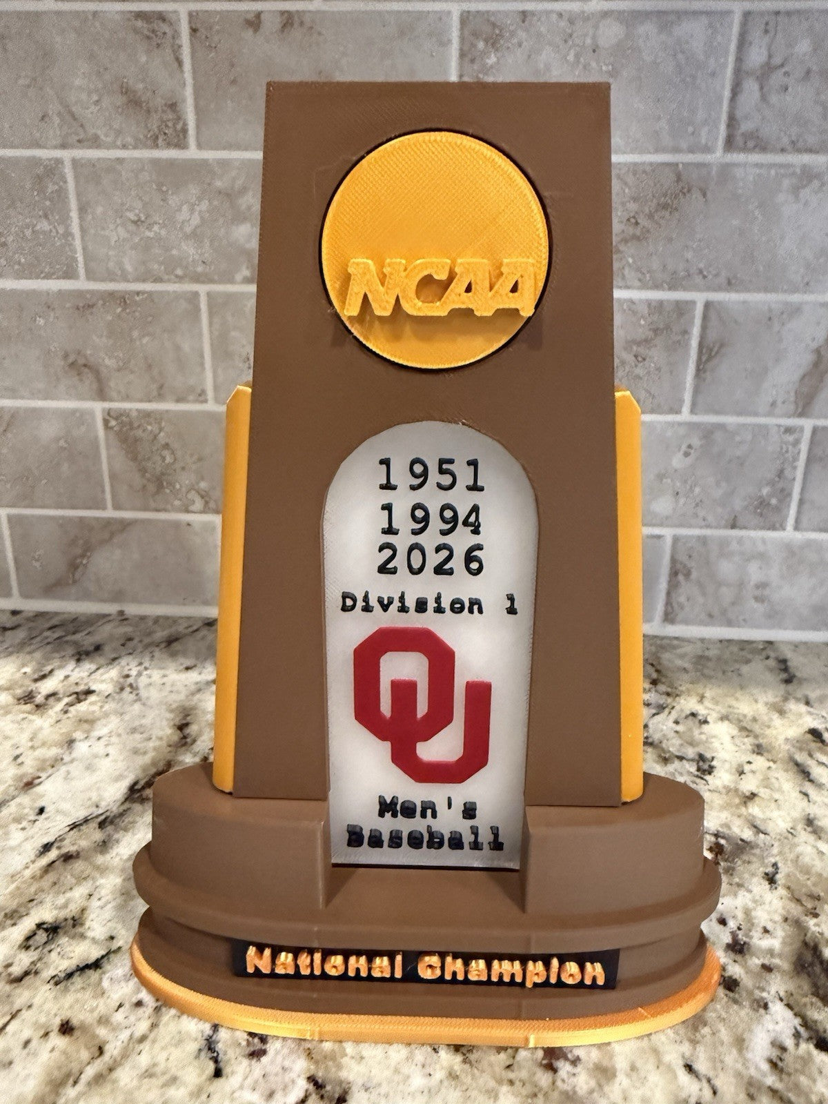 Oklahoma Sooners baseball 1951-1994-2026 national champion trophy 3d printed pla