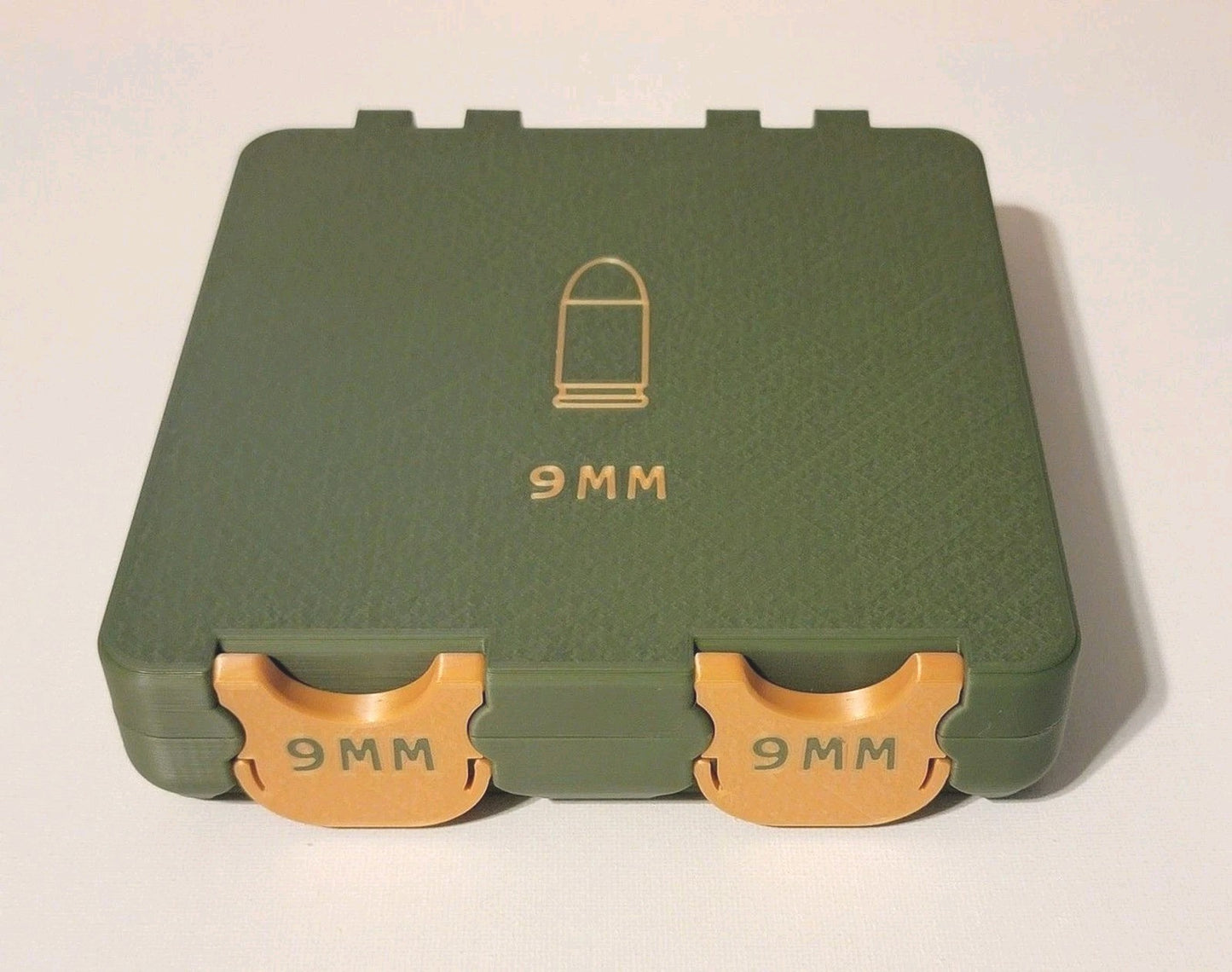 3D Printed 9mm Ammo Box Snap Lock 100 rd Large Storage Olive Green / Gold Combo