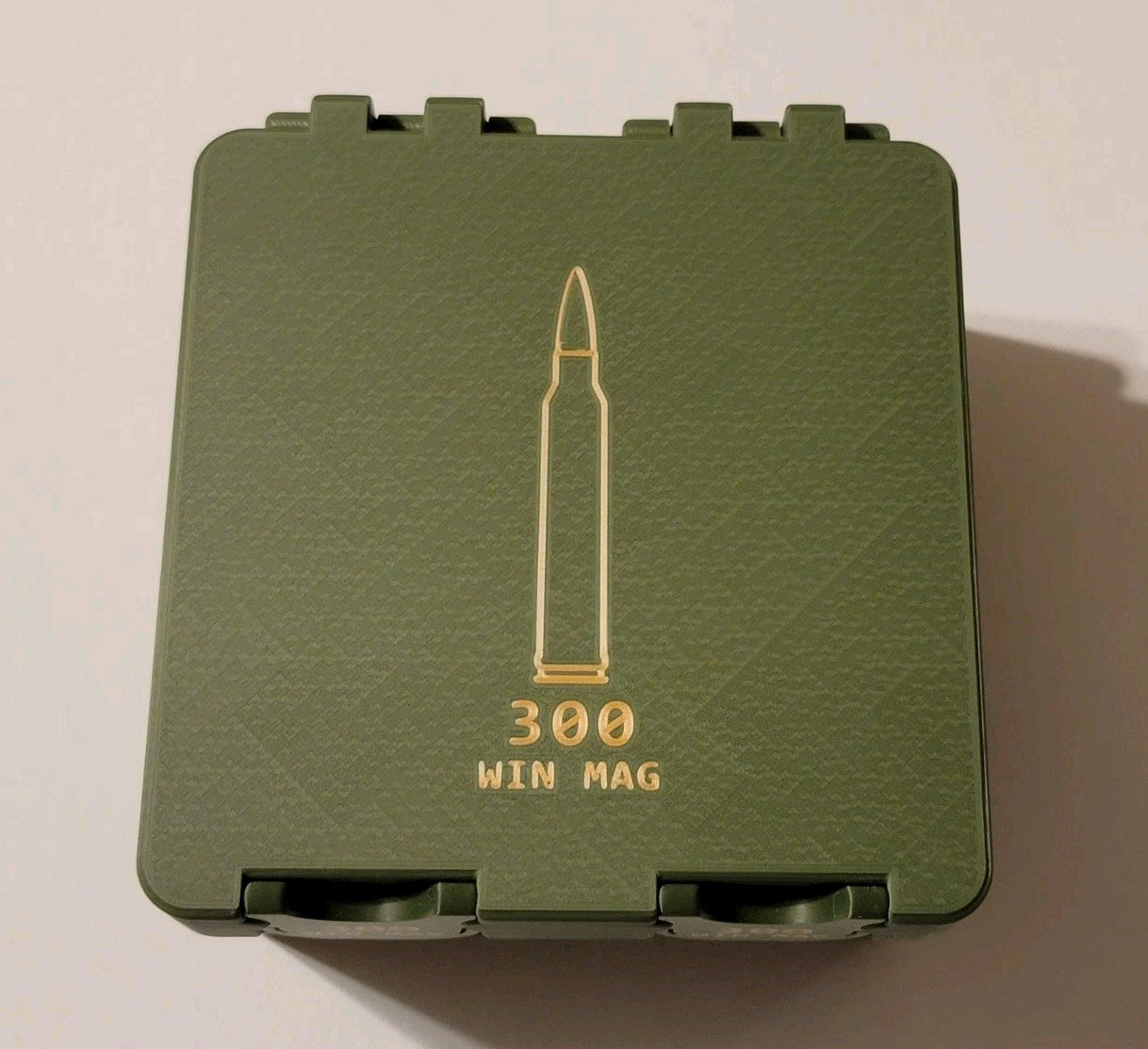 300 Win Mag Ammo Box Snap Lock 80 rd Large 3D Printed Olive Green Gold Pla