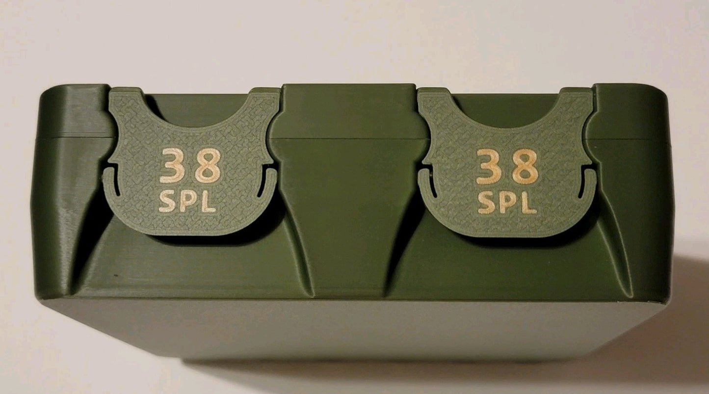 38 Special Ammo Box Snap Lock 100 rd 3D Printed Large Can Olive Green Gold Pla