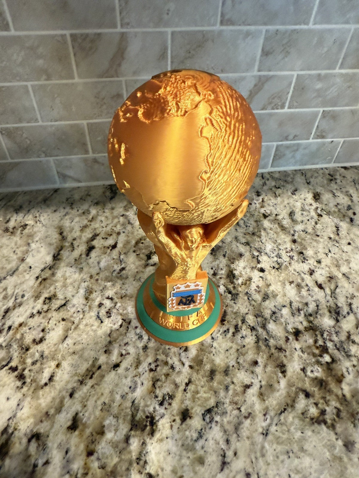 3D Printed FIFA World Cup Trophy Argentina logo 2026. 10 Inches Tall gold silk