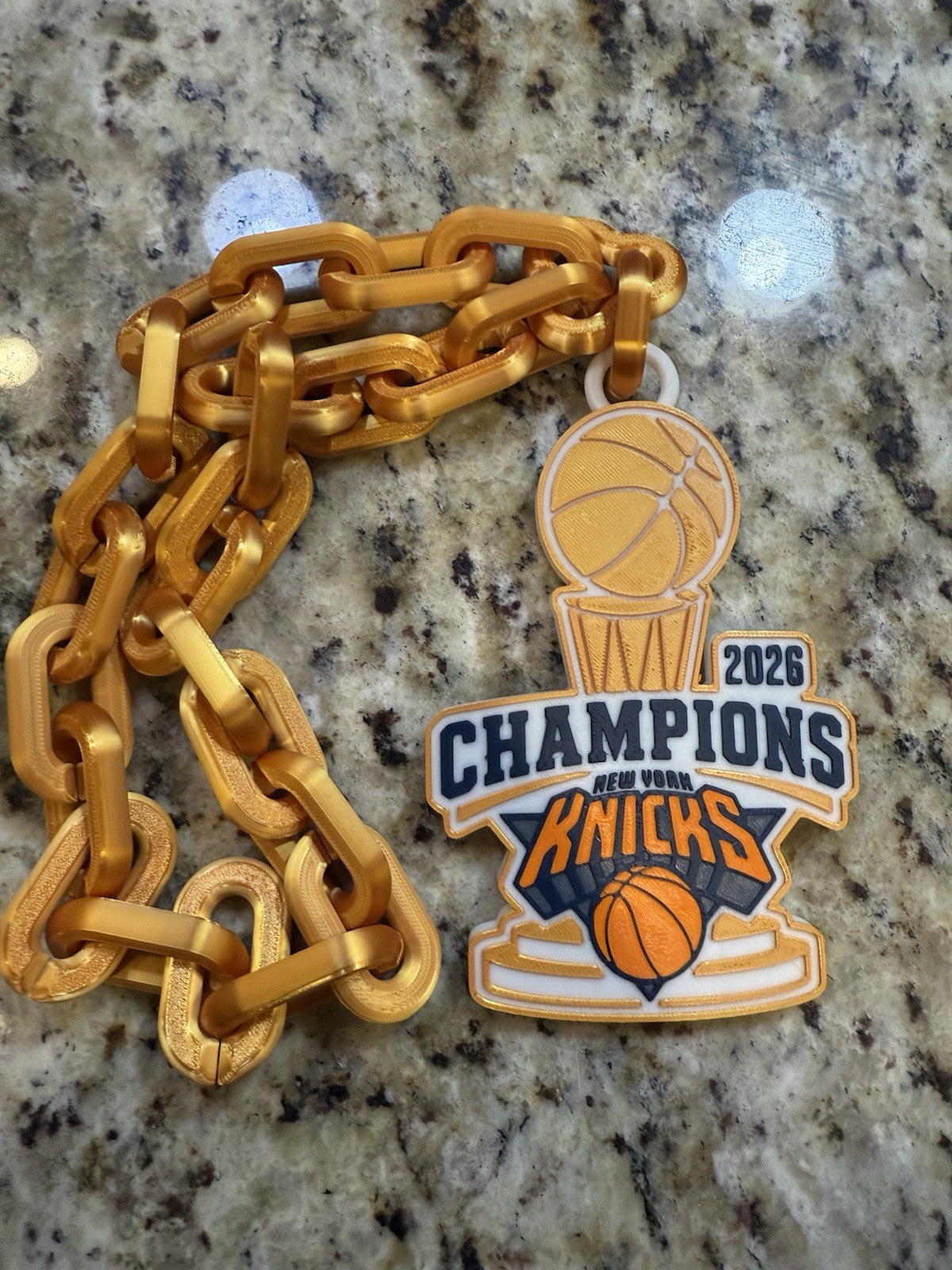 New York Knicks 2026 nba champions hype chain. 3d printed. Gold silk pla plastic