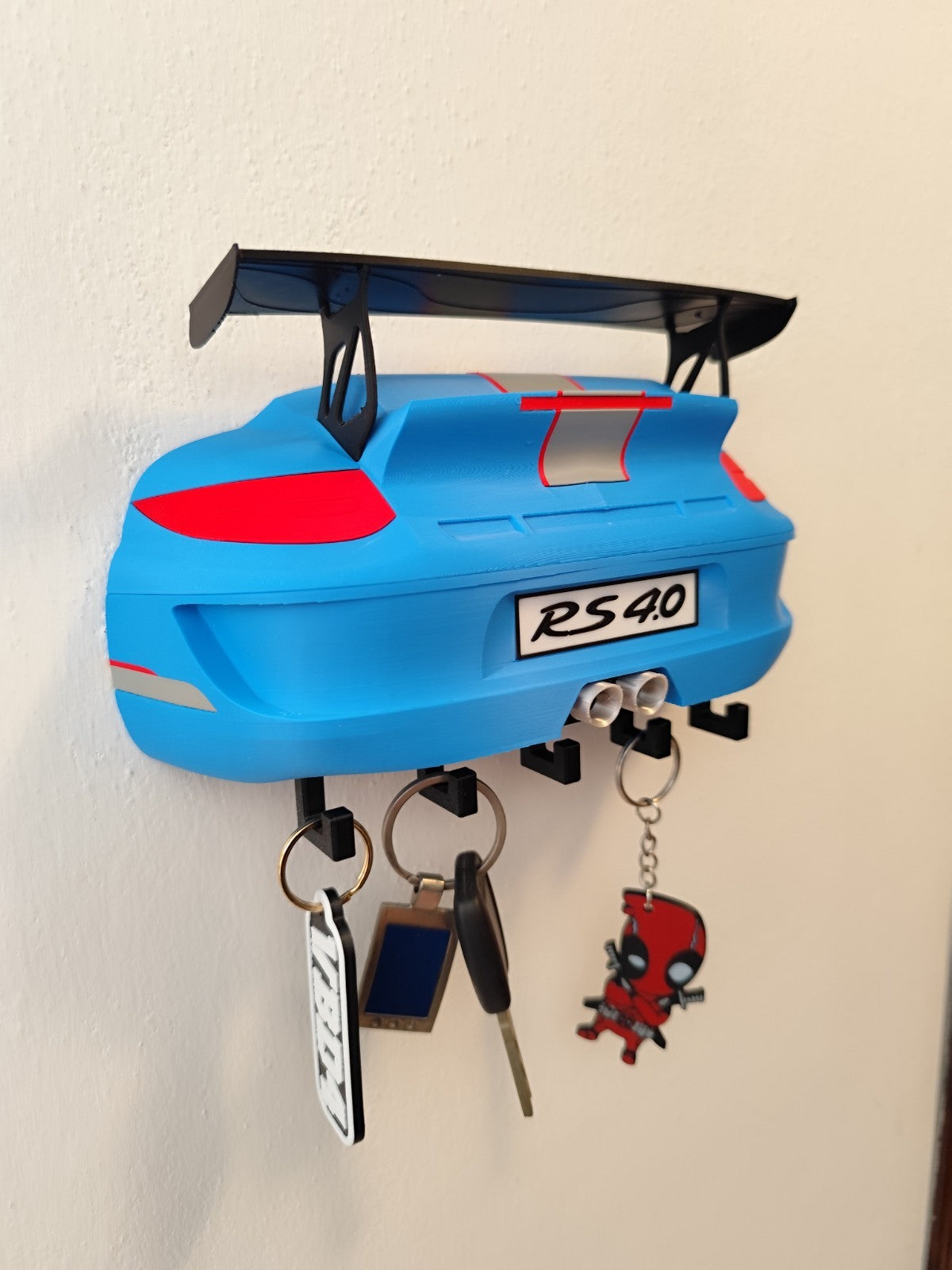Sports Car Key Holder with Spoiler – Blue Racing Inspired Wall Mount Key Rack –