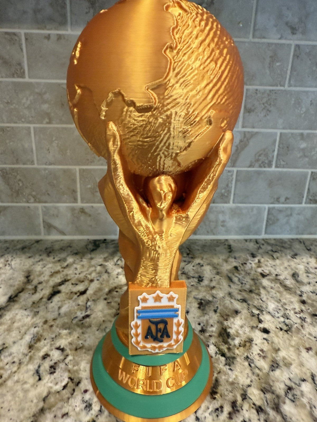 3D Printed FIFA World Cup Trophy Argentina logo 2026. 10 Inches Tall gold silk
