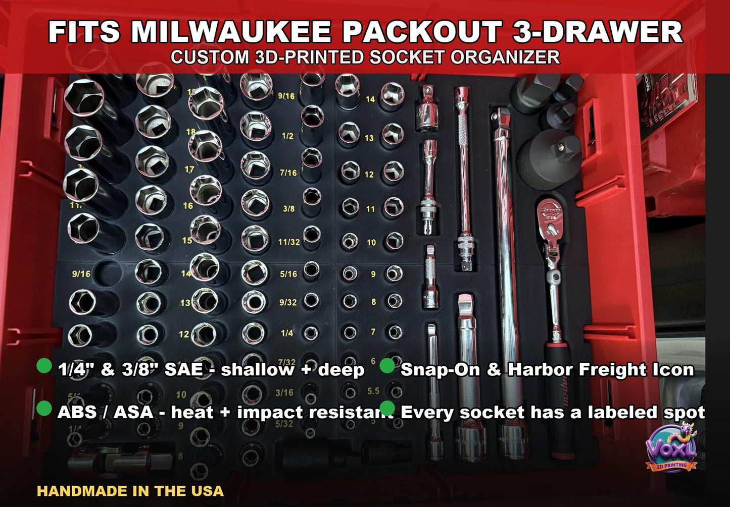 3D Printed Socket Organizer For Packout 3-Drawer, SAE Mechanic Tool Insert