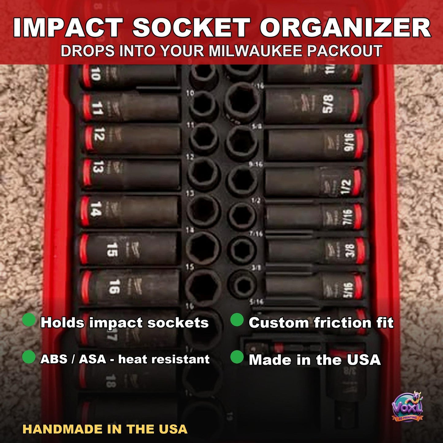 3D Printed Impact Socket Organizer For Packout, PETG Tool Storage Insert