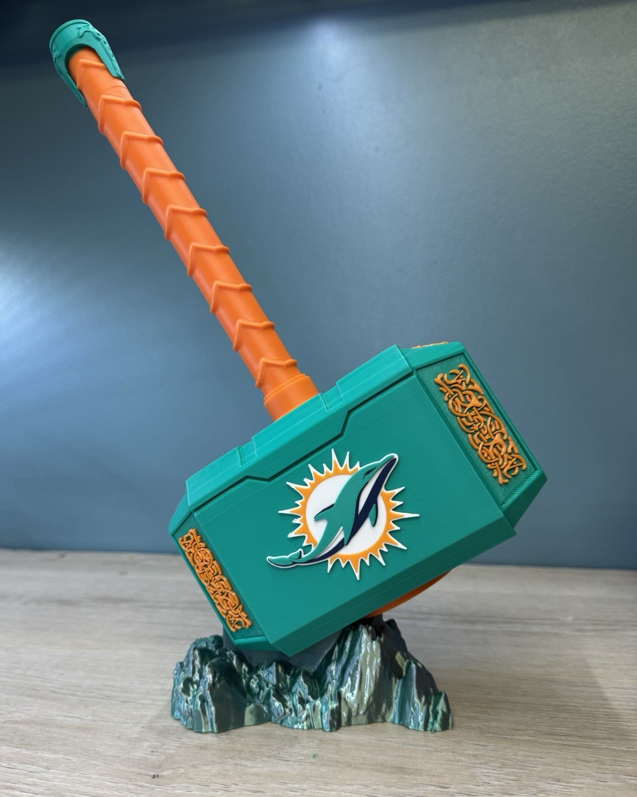 Miami Dolphins Thor Hammer Mjolnir & Rock Stand Memorabilia Man Cave Fan Gift