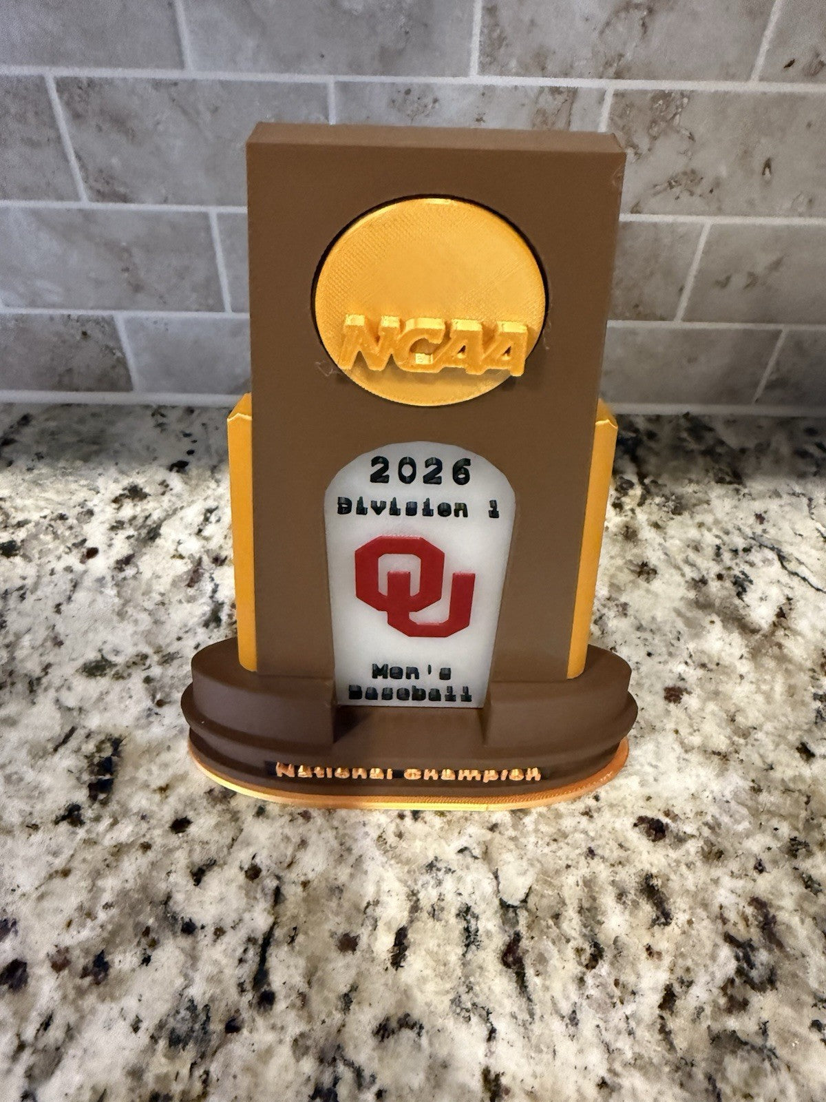 Oklahoma Sooners baseball 2026 national champion trophy 3d printed. Pla plastic