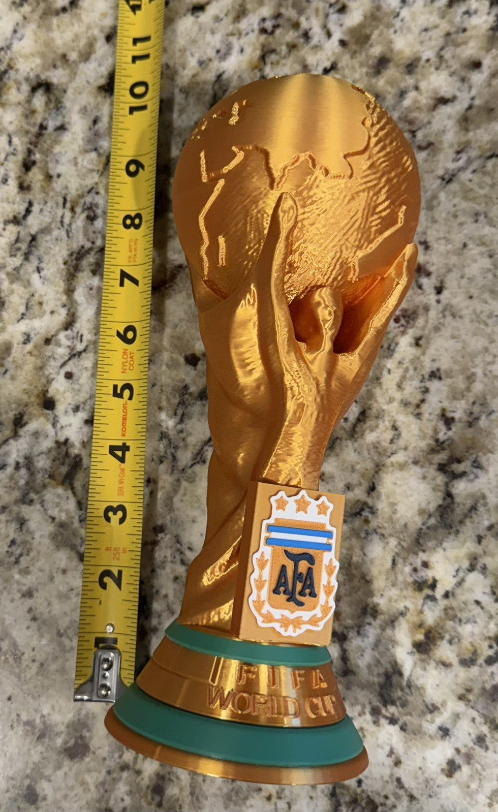 3D Printed FIFA World Cup Trophy Argentina logo 2026. 10 Inches Tall gold silk