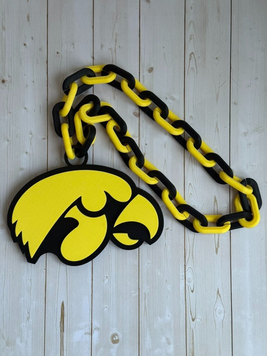 Iowa Hawkeyes Logo Oversized Necklace, Pendant Chain “Fight For Iowa”