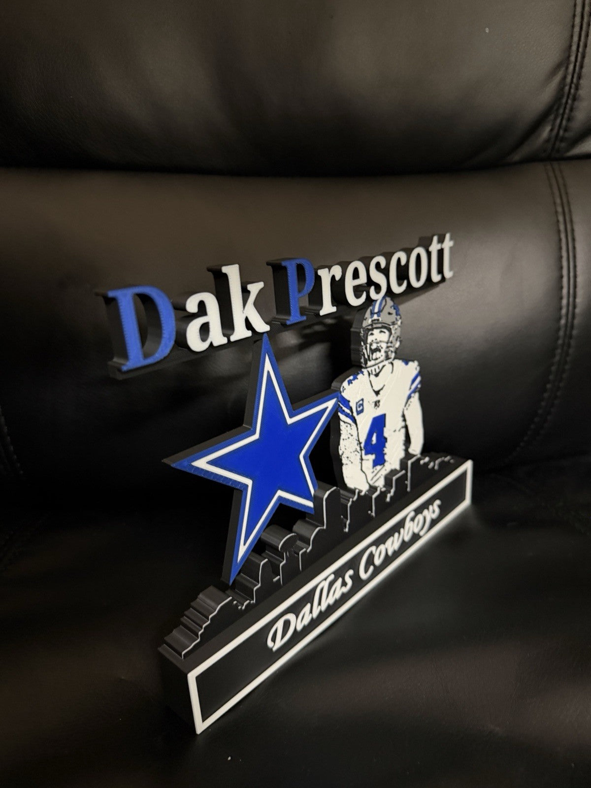 Dallas Cowboys Dak Prescott Desktop Display 3D Printed with Dallas Skyline