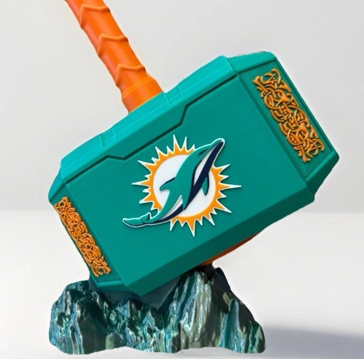 Miami Dolphins Thor Hammer Mjolnir & Rock Stand Memorabilia Man Cave Fan Gift