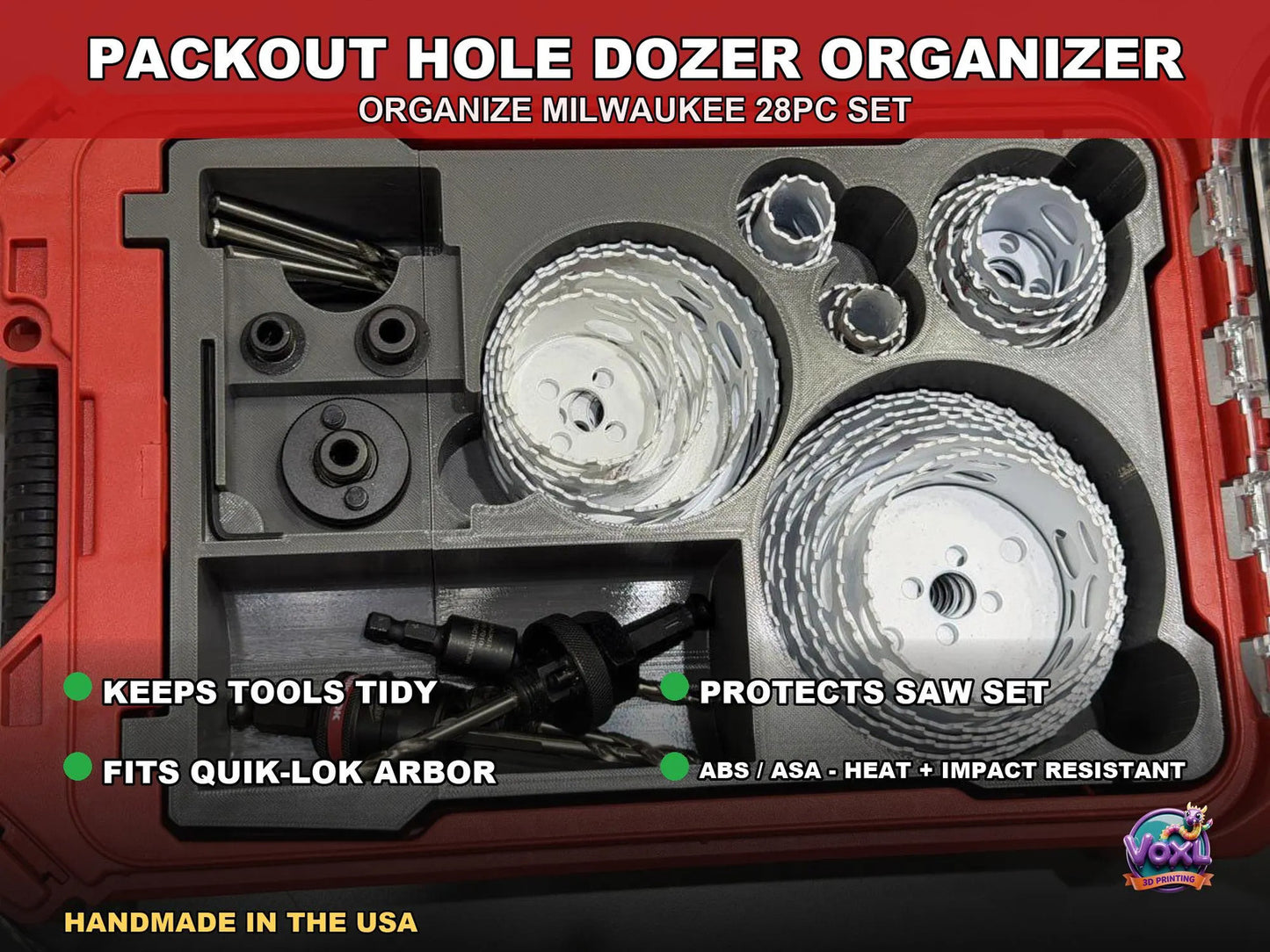 3D Printed Packout Insert 28pc Hole Dozer Hole Saw And Quik-Lok Arbor Organizer