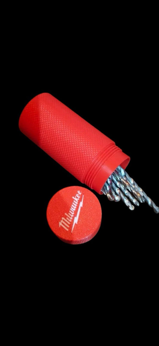 Milwaukee Drill Bit Organizer Box - Red Cylindrical Case with Snap Lid & Grip