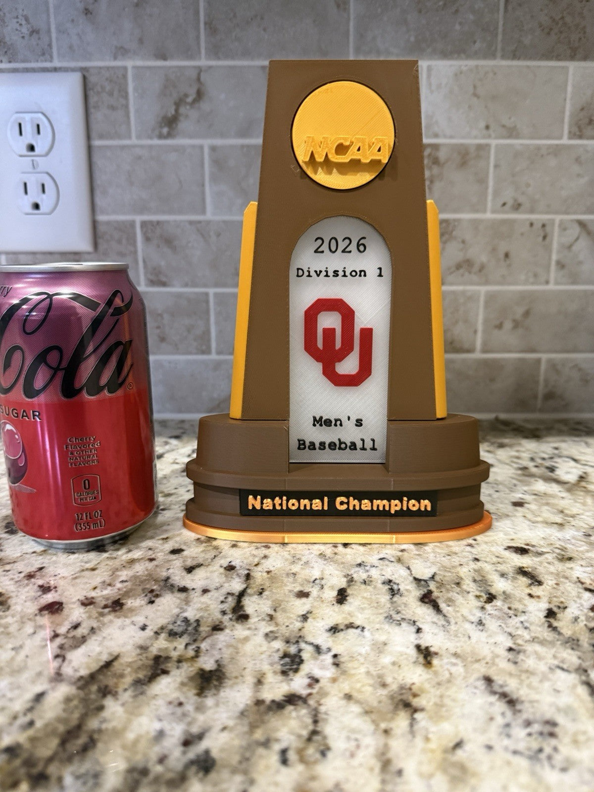 Oklahoma Sooners baseball 2026 national champion trophy 3d printed. Pla plastic