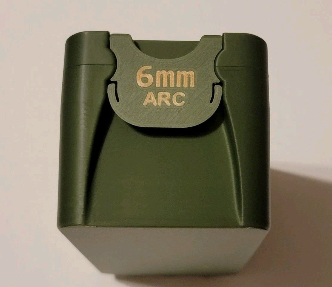 6mm Arc Ammo Box Snap Lock 50 rd 3D Printed Storage Olive Green Gold Pla