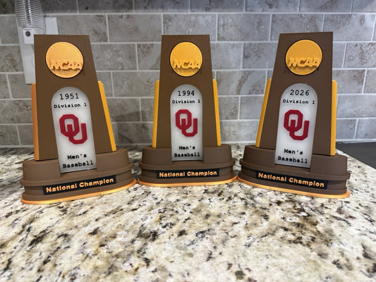 3-Oklahoma Sooners baseball 1951-1994-2026 national champion trophy 3d printed