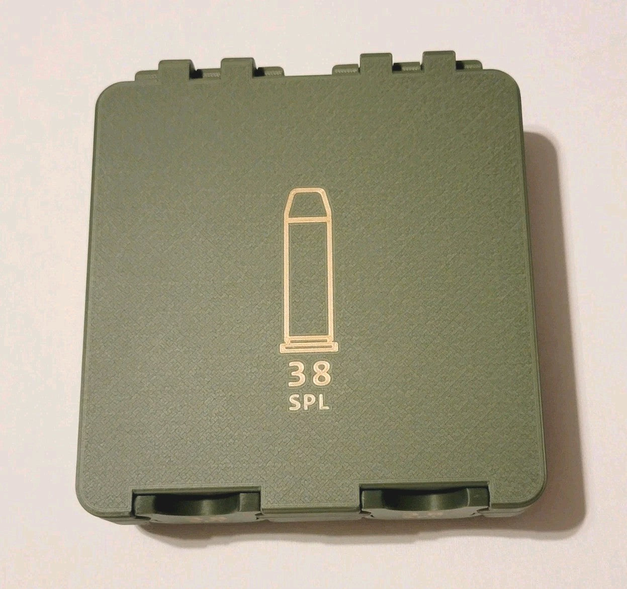 38 Special Ammo Box Snap Lock 100 rd 3D Printed Large Can Olive Green Gold Pla