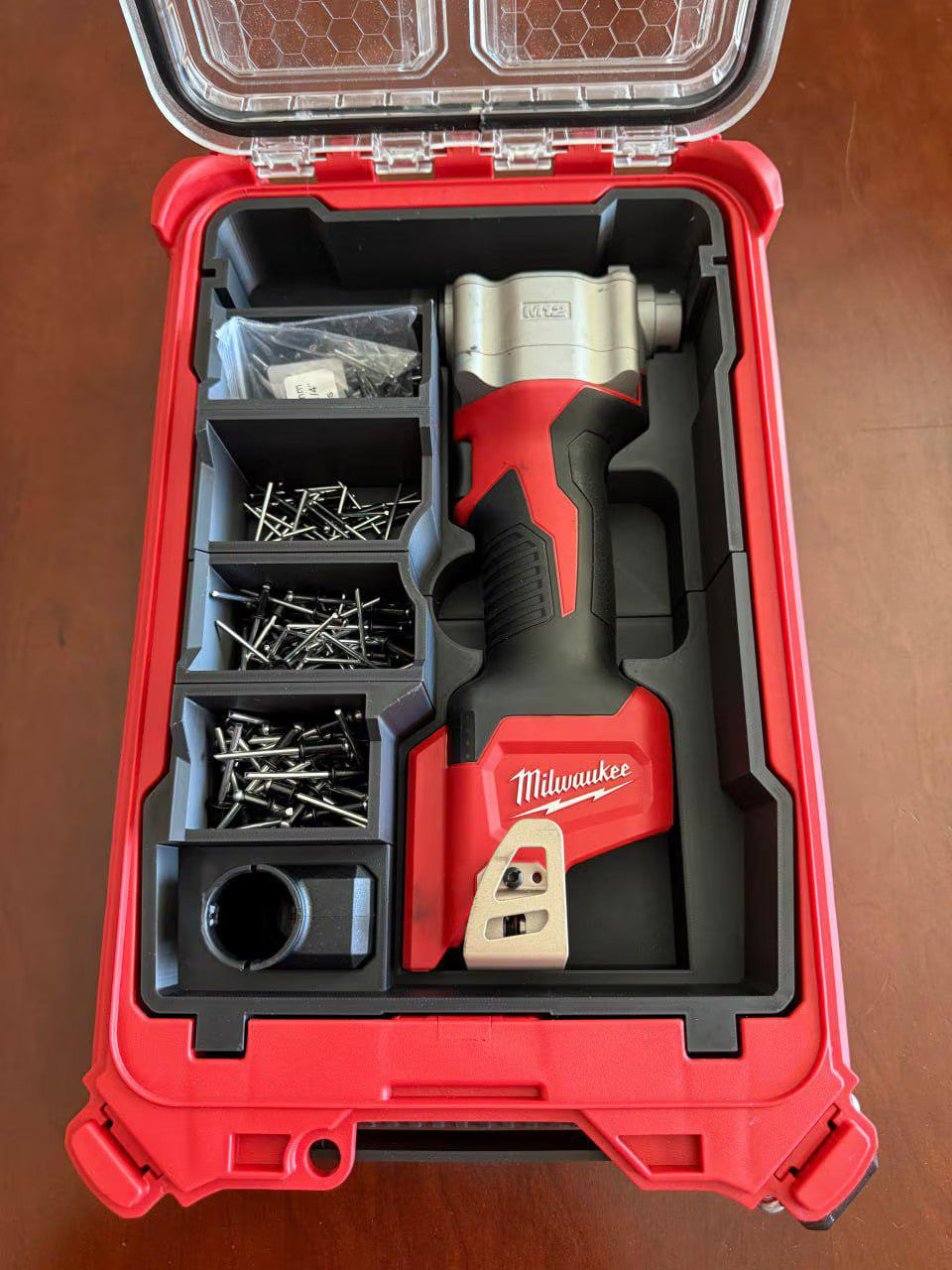 3D Printed Packout Insert For M12 Rivet Gun With Stem Catch And 8 Rivet Bins