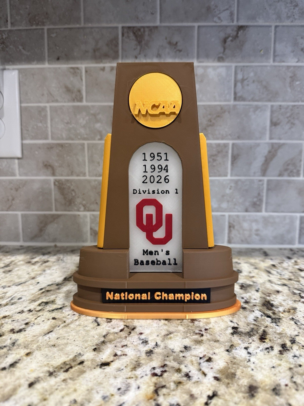 Oklahoma Sooners baseball 1951-1994-2026 national champion trophy 3d printed pla