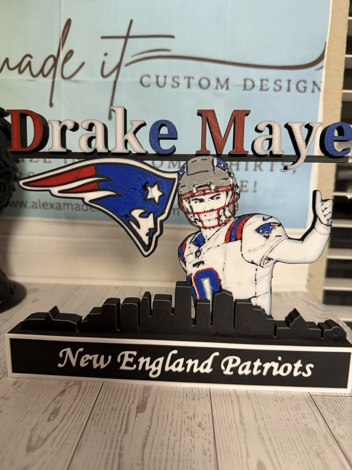 New England Patriots Custom Drake Maye Skyline Desktop Display 3D Printed PLA