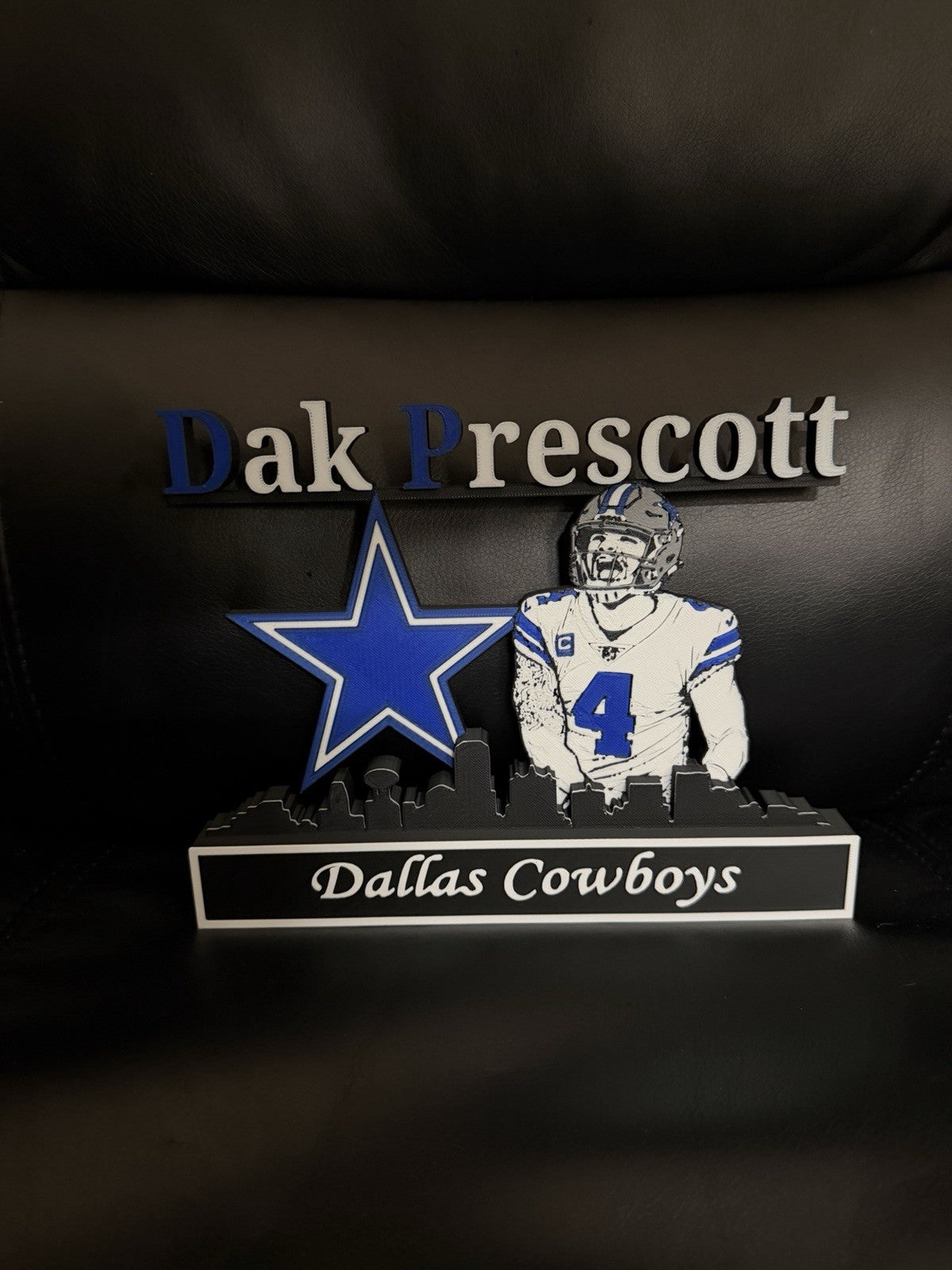 Dallas Cowboys Dak Prescott Desktop Display 3D Printed with Dallas Skyline