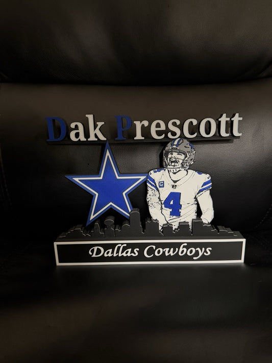Dallas Cowboys Dak Prescott Desktop Display 3D Printed with Dallas Skyline