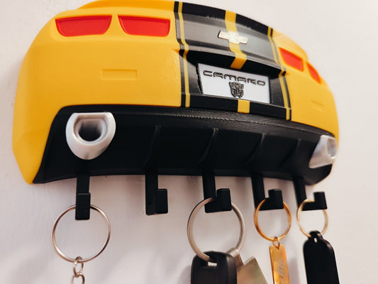 Retro Sports Car Key Holder – Yellow Black Wall Mount with Hooks – Tail Light In