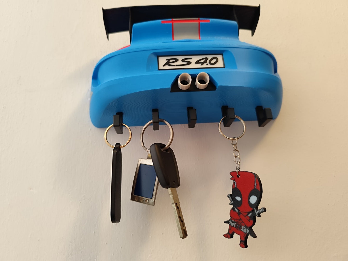 Sports Car Key Holder with Spoiler – Blue Racing Inspired Wall Mount Key Rack –