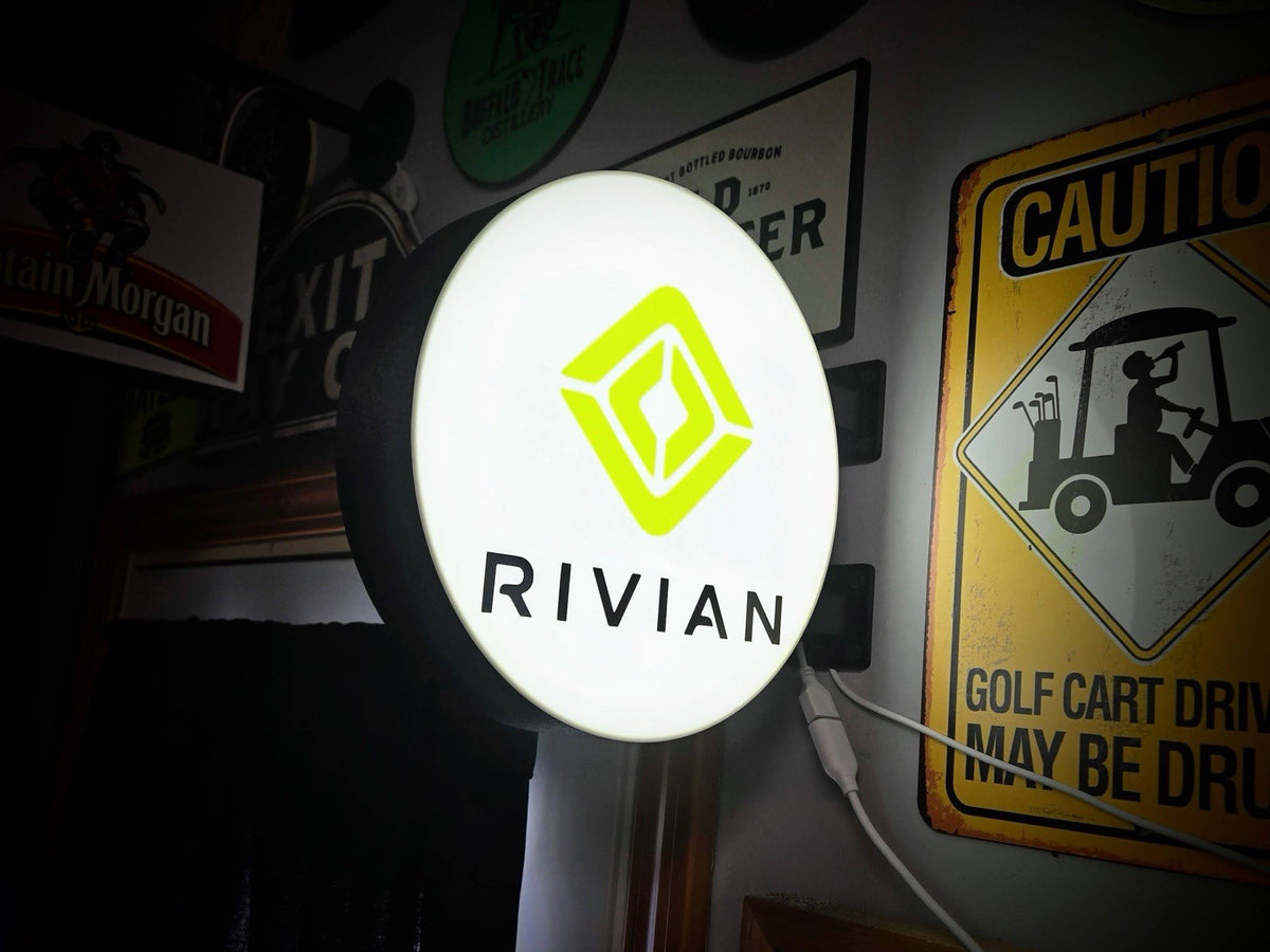 Rivian Round LED Light Box | USB Powered Garage Sign | RGB Option EV Decor