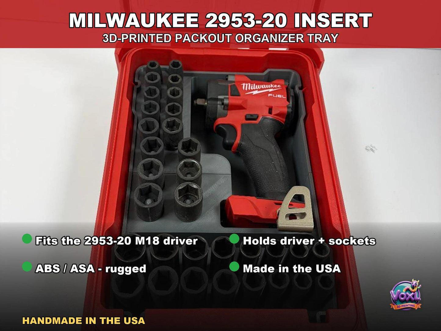 Packout Insert 2953-20 Impact Driver 3D Printed Organizer For M18 Sockets *** On