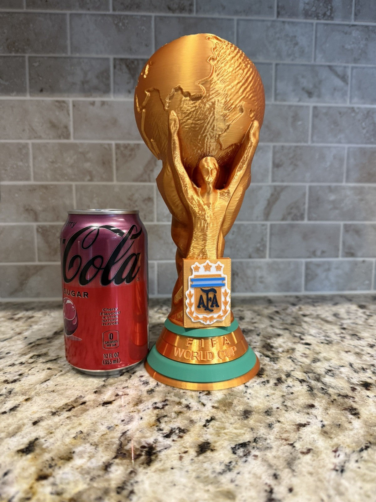 3D Printed FIFA World Cup Trophy Argentina logo 2026. 10 Inches Tall gold silk