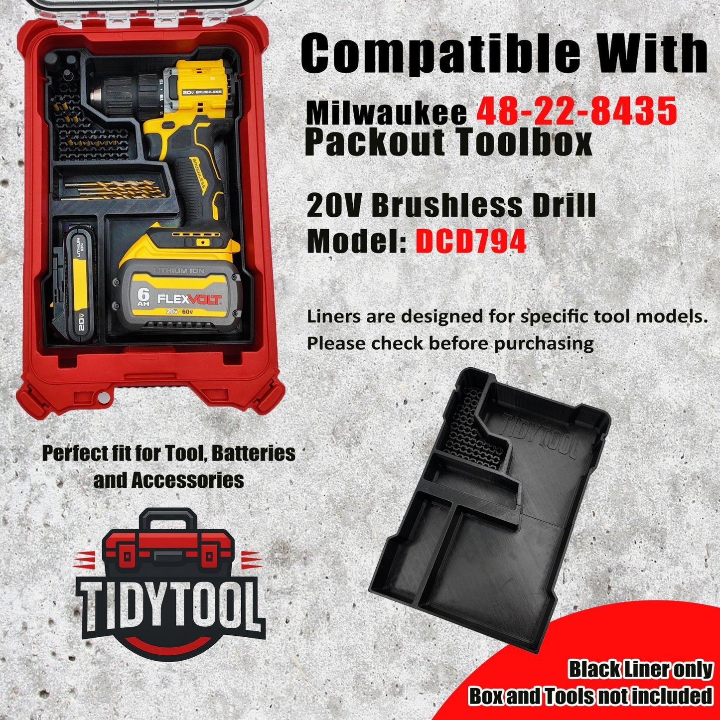 20V Brushless Drill (DCD794) Organizer for Milwaukee Compact Packout (Insert Onl