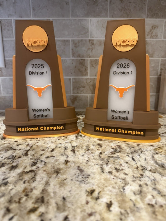 2 Texas longhorns 2025 and 2026 softball national champion trophy 3d printed pla