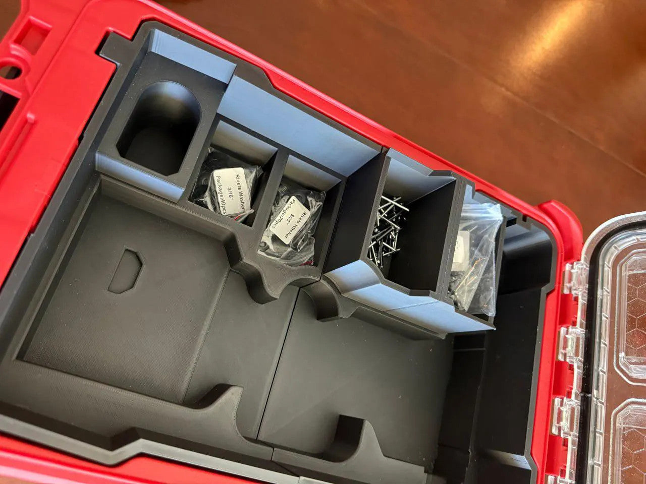 3D Printed Packout Insert For M12 Rivet Gun With Stem Catch And 8 Rivet Bins