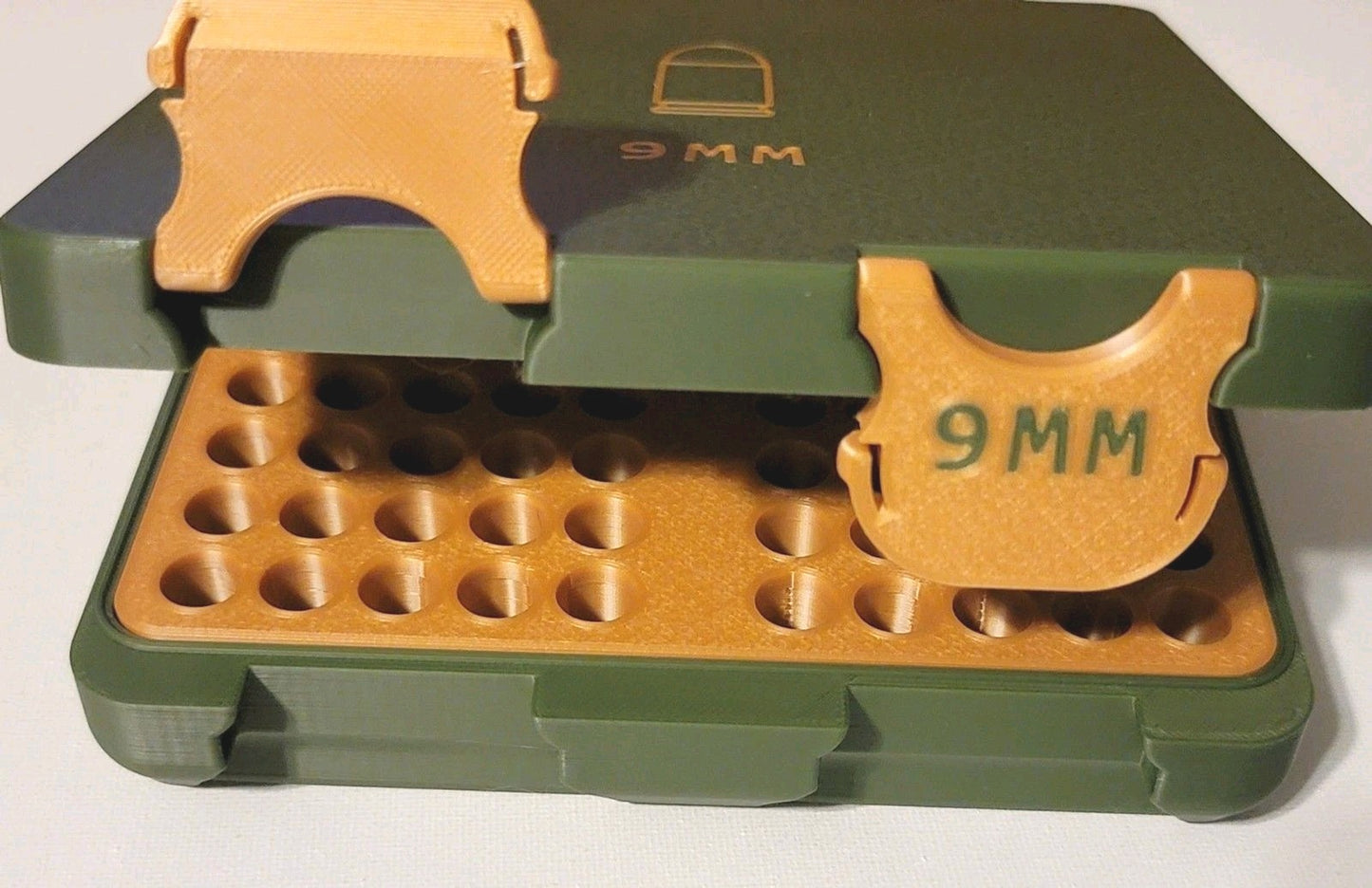 3D Printed 9mm Ammo Box Snap Lock 100 rd Large Storage Olive Green / Gold Combo