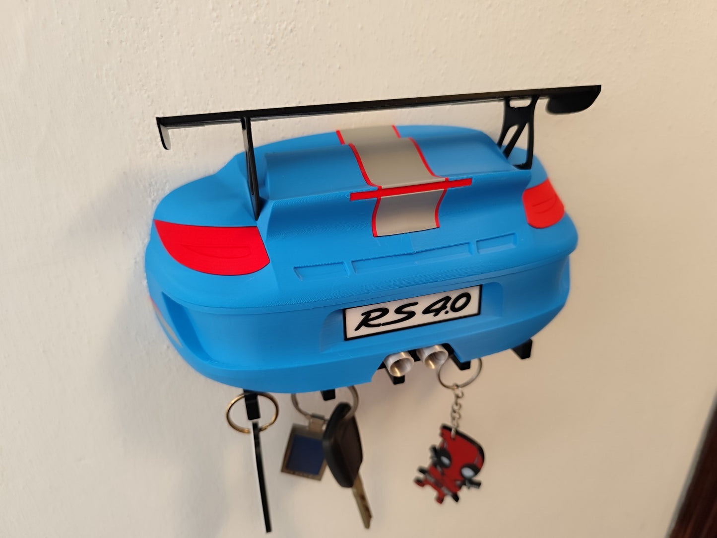 Sports Car Key Holder with Spoiler – Blue Racing Inspired Wall Mount Key Rack –
