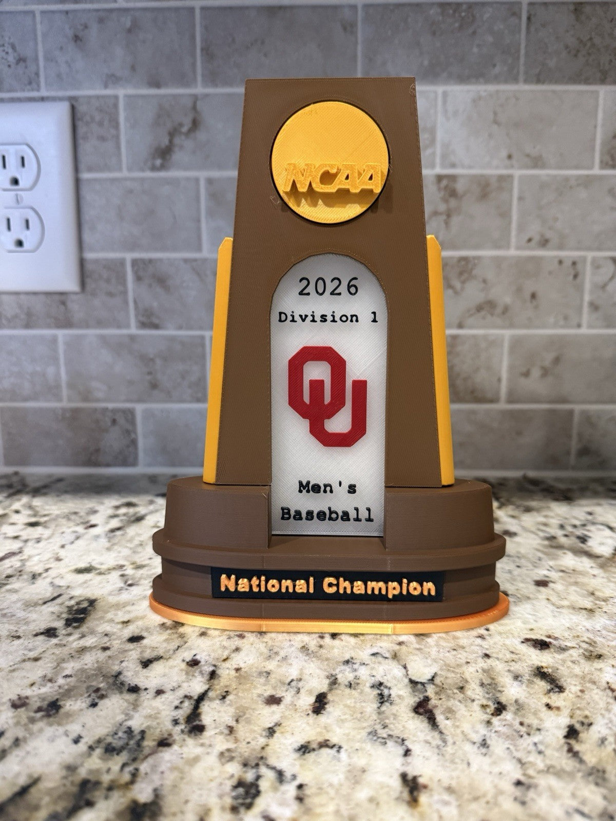 Oklahoma Sooners baseball 2026 national champion trophy 3d printed. Pla plastic