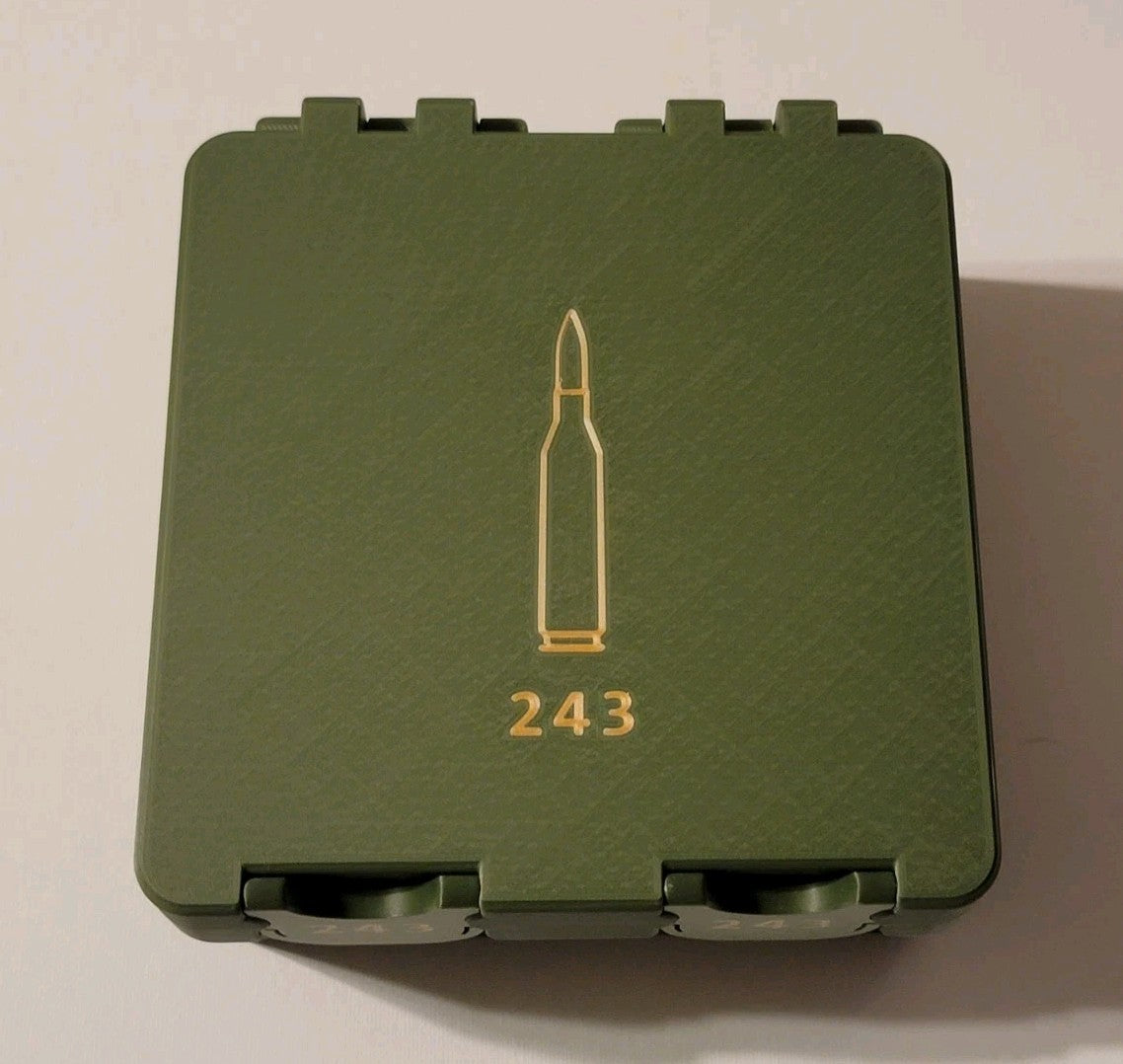 243 Ammo Box Snap Lock 100 rd 3D Printed Large Storage Olive Green Gold Pla