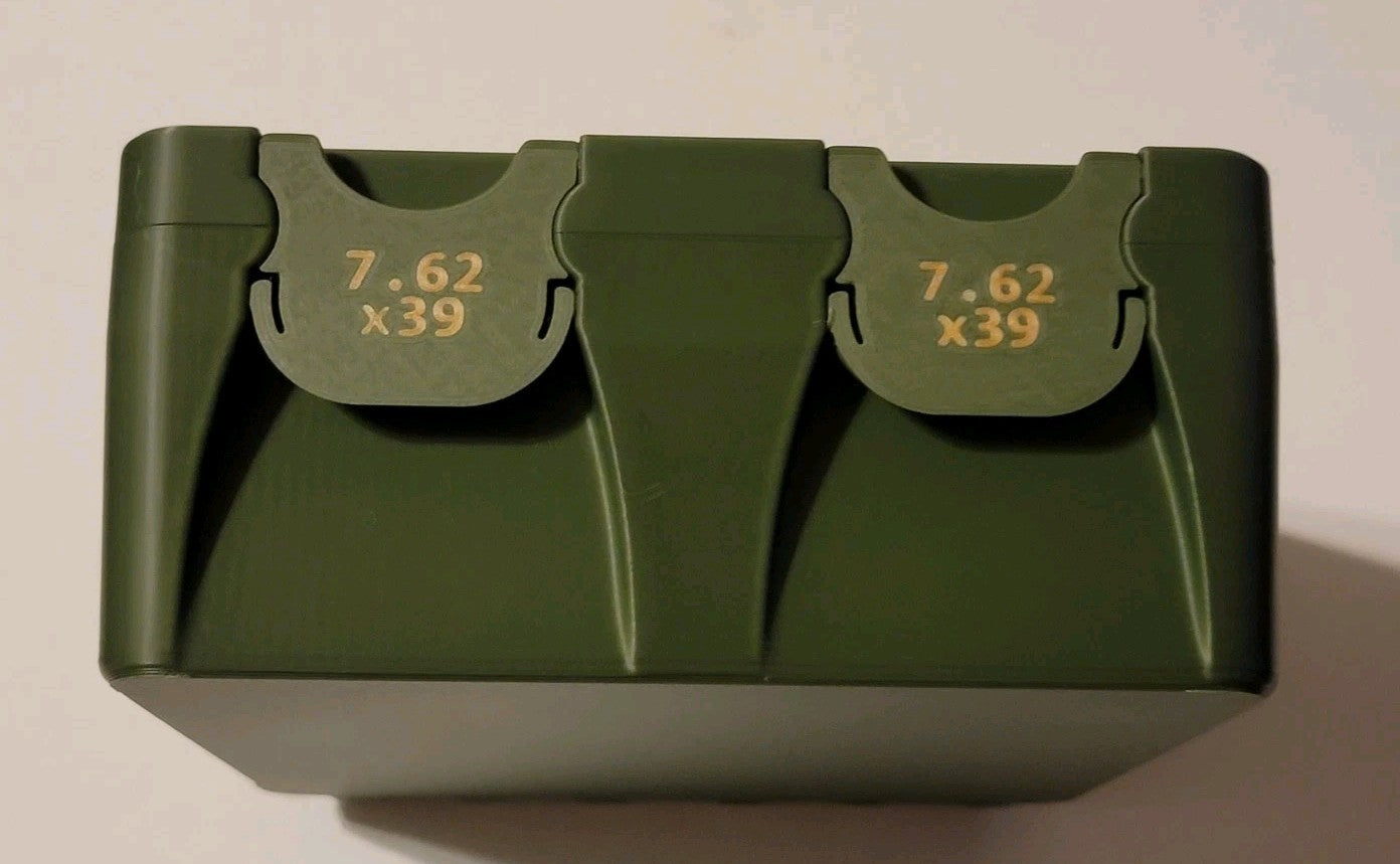 7.62 X 39 Ammo Box Snap Lock 100 rd 3D Large Printed Storage Olive Green Gold